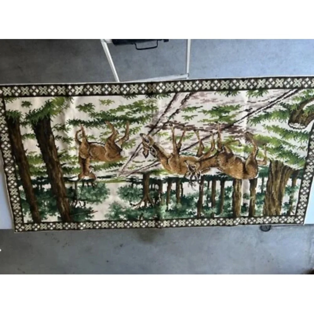 Vintage Needlepoint Cross Stitch Needlework Wall Art. 29” x 60”. Cabinet Decor